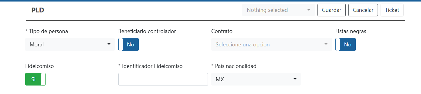 Formulario de entidad PLD en BISMO con el interruptor Fideicomiso activado y el campo Identificador Fideicomiso habilitado.