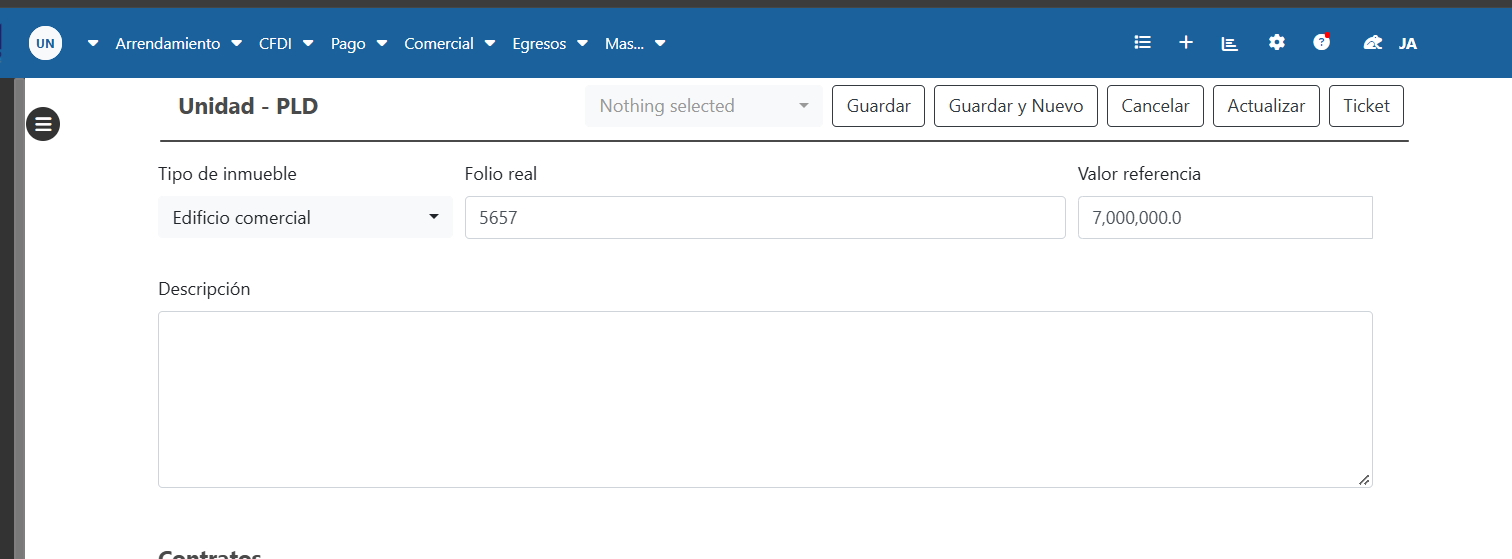 Vista Unidad – PLD en BISMO: tipo de inmueble, folio real y valor de referencia.